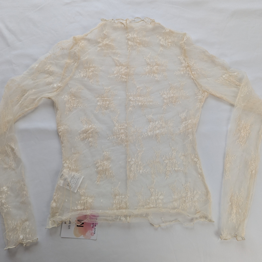 Y2K Stretchy Sheer Mesh Cream White Lace Women's Blouse Fairy Layering Top